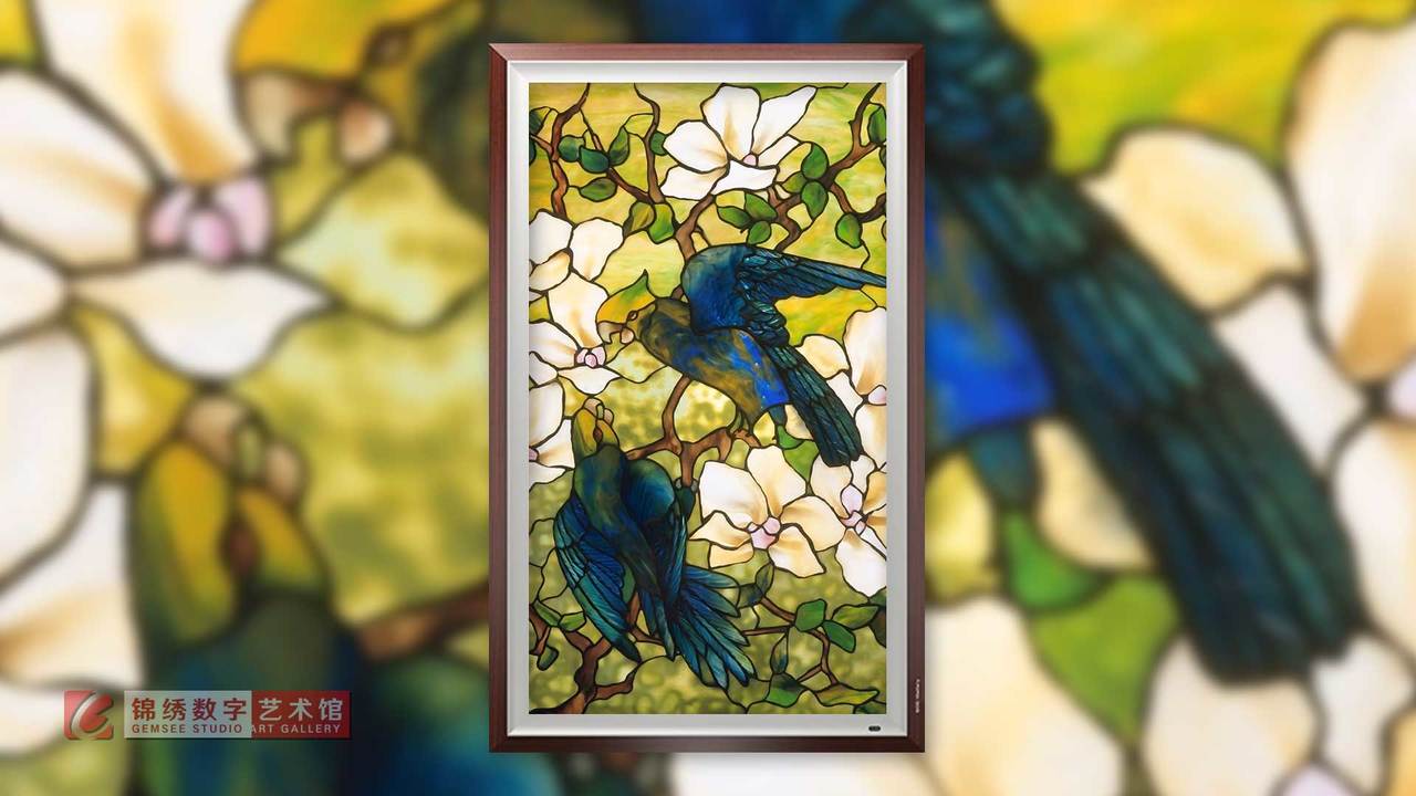 锦绣画屏 玻璃画芙蓉和鹦鹉